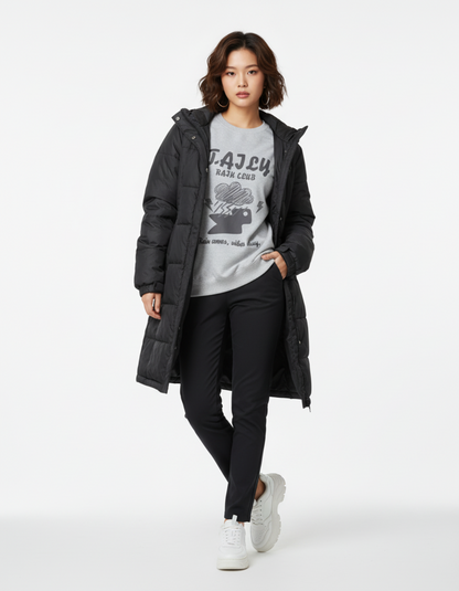 Model wearing a black coat with Taily Rain Club sweatshirt in Sport Grey, featuring cloud and lightning artwork.