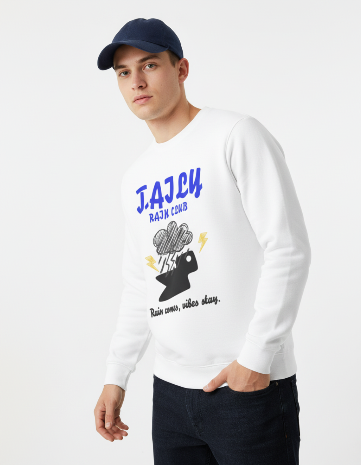 Model wearing Taily Rain Club sweatshirt in white featuring storm clouds and lightning design.