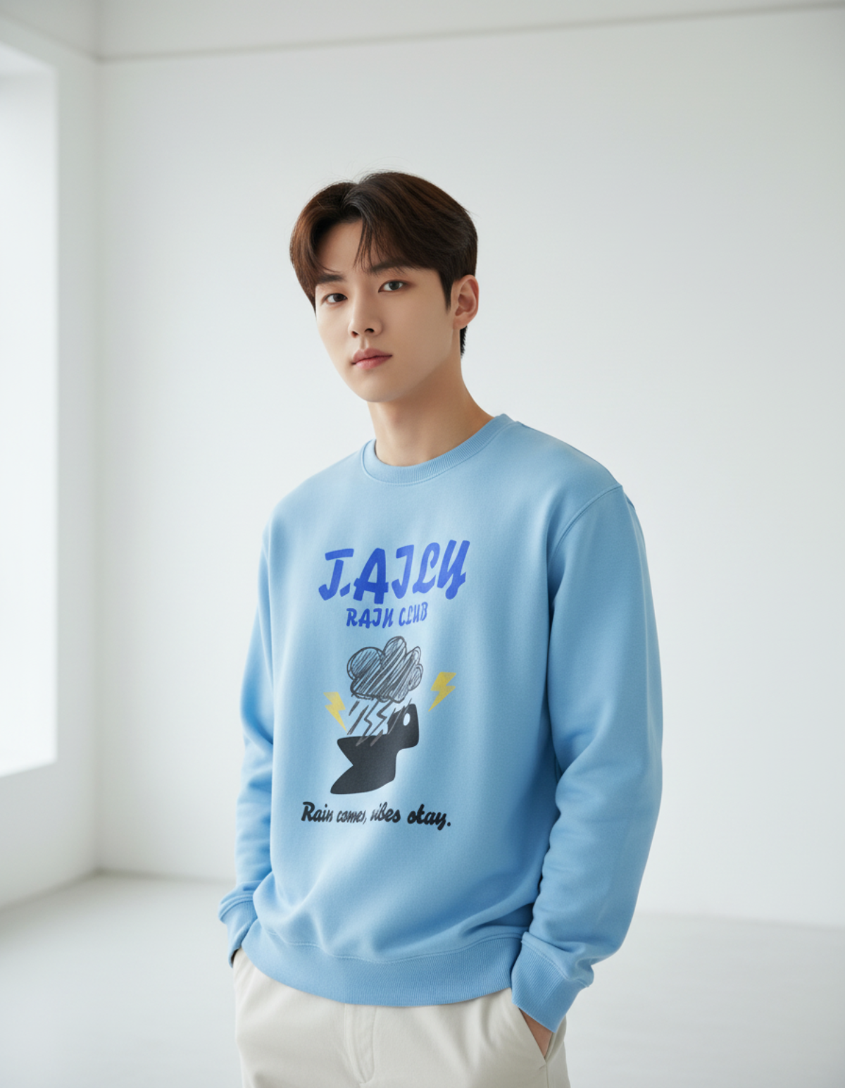 Model wearing Taily Rain Club sweatshirt in Sky with cloud and lightning graphic, text 'Rain comes, vibes stay'.