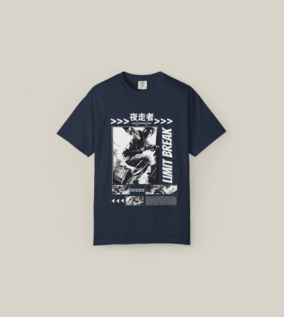 Taily Limit Break Streetwear Graphic T-Shirt in navy with bold manga-inspired artwork and urban style.