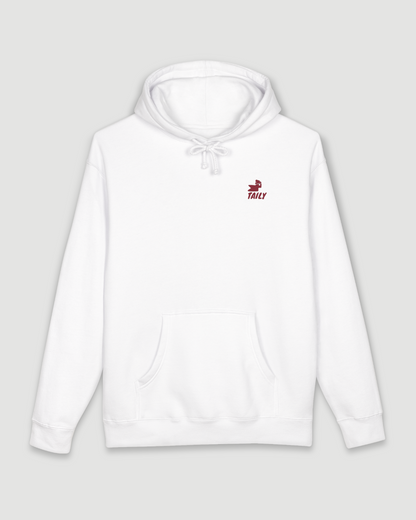 Taily Bird Parkland Hoodie – White with front logo and drawstring hood.