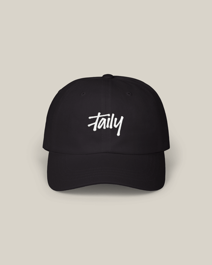 Taily Classic Dad Cap in black cotton featuring a stylish embroidered logo on a minimal design.