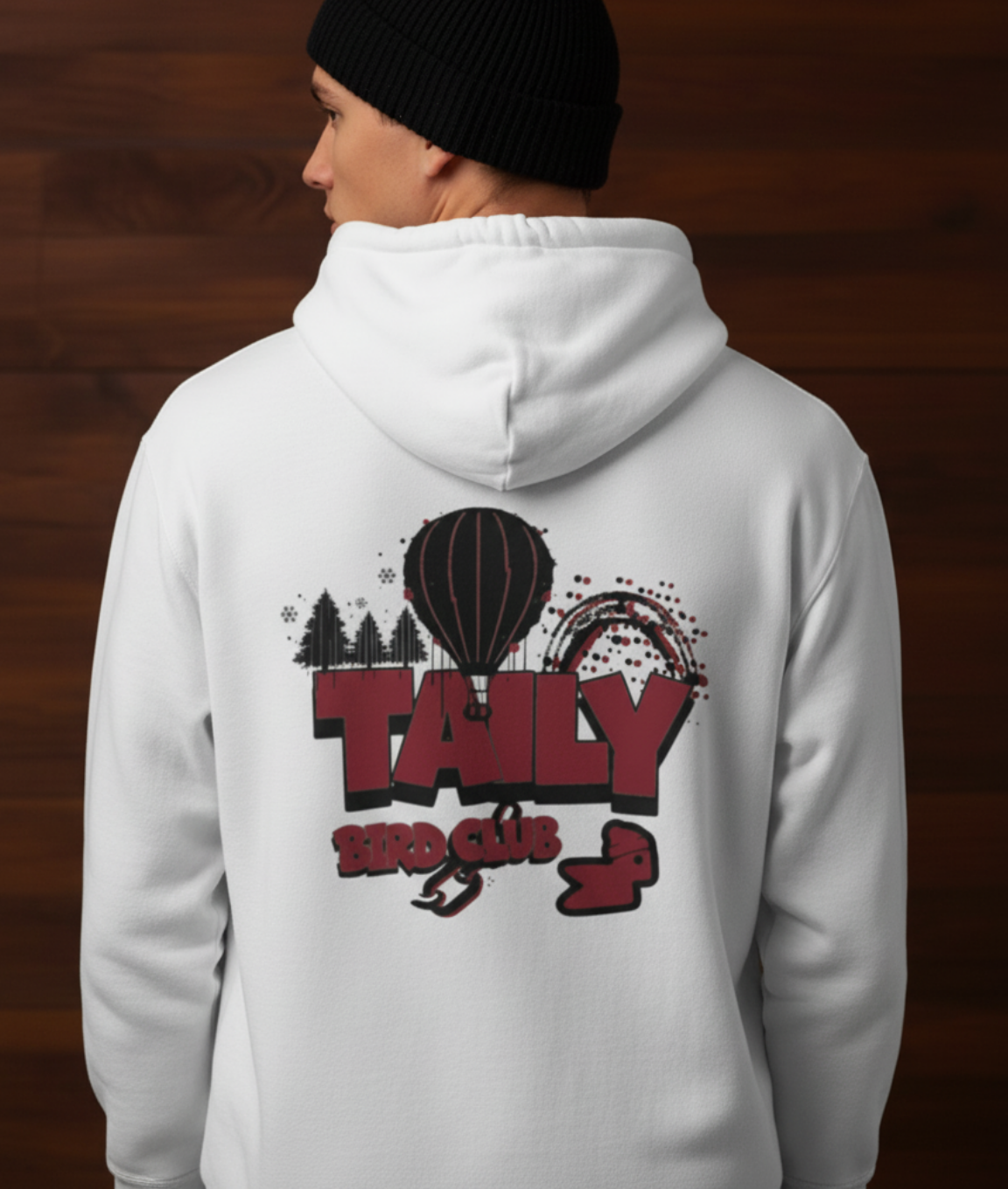 Taily Bird Parkland Hoodie in White with colorful graphic design on the back, showcasing the Taily Bird Club theme.