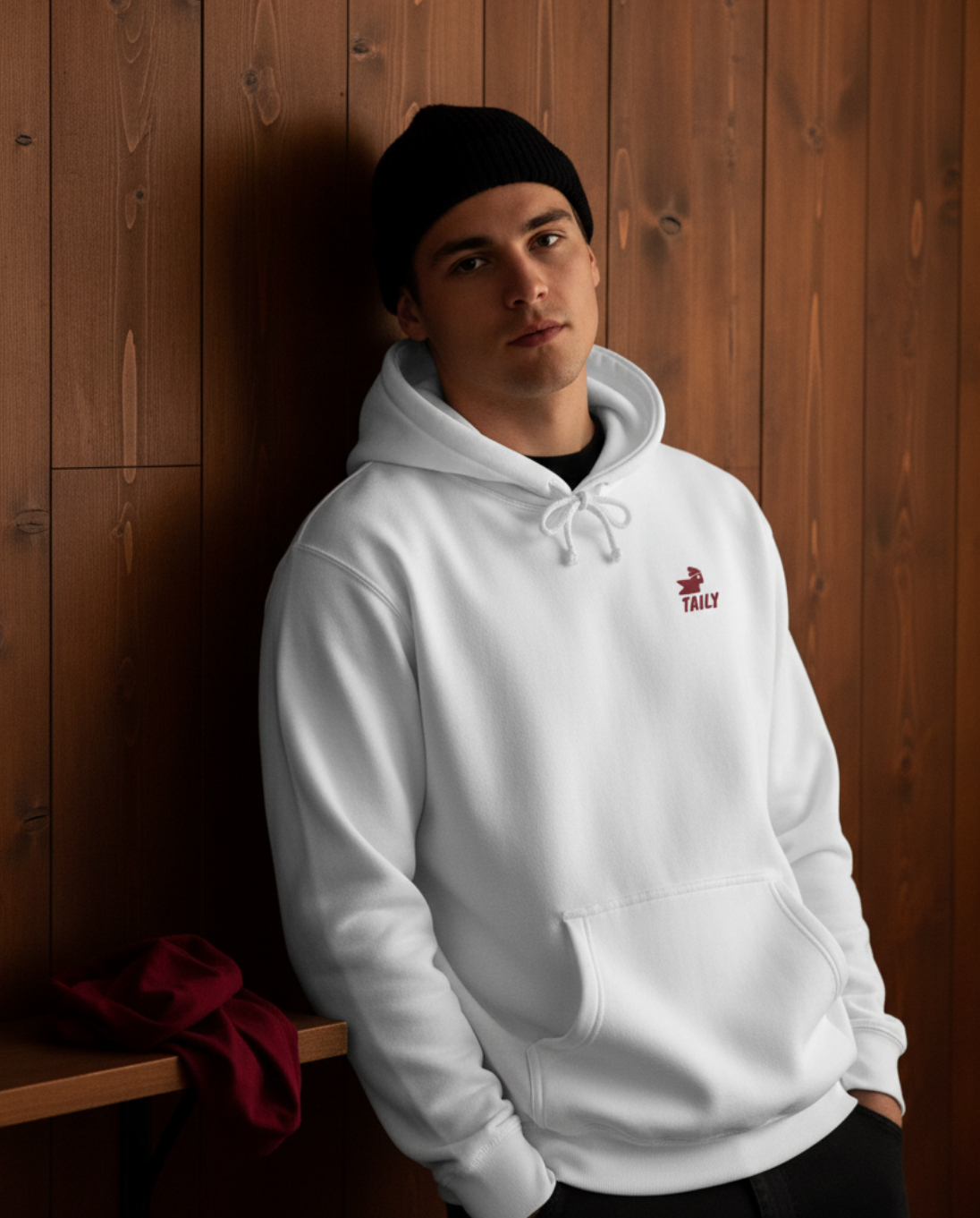Man wearing a white Taily Bird Parkland Hoodie, against a wooden wall, showcasing a casual street style.