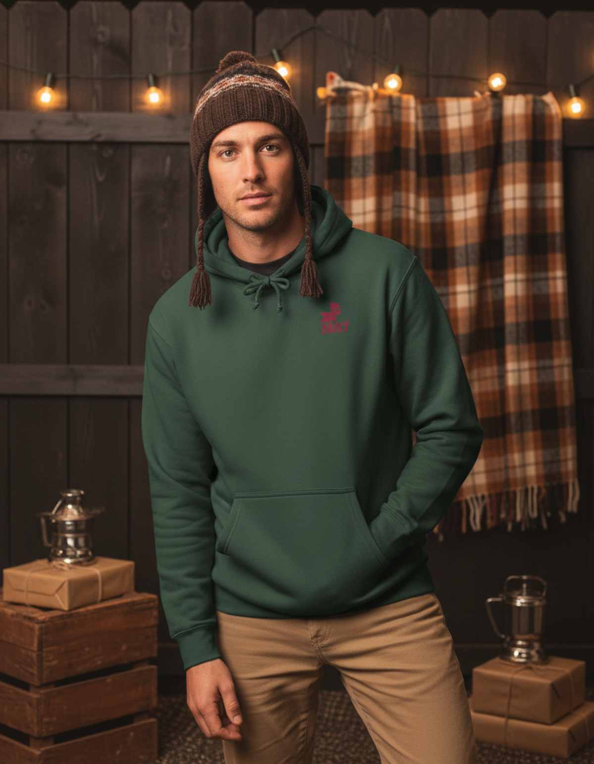 Man wearing Taily Bird Parkland Hoodie in Alpine Green with a cozy background.