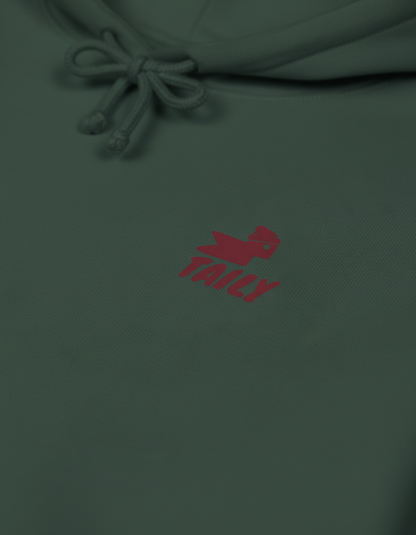 Taily Bird Parkland Hoodie in Alpine Green featuring a red logo on the chest.