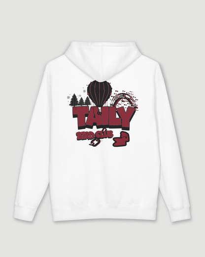 Taily Bird Parkland Hoodie in White with colorful back graphic design featuring a hot air balloon and trees.