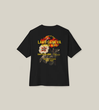 Lake Geneva floral oversized tee with graphic back print and logo, perfect for casual wear.