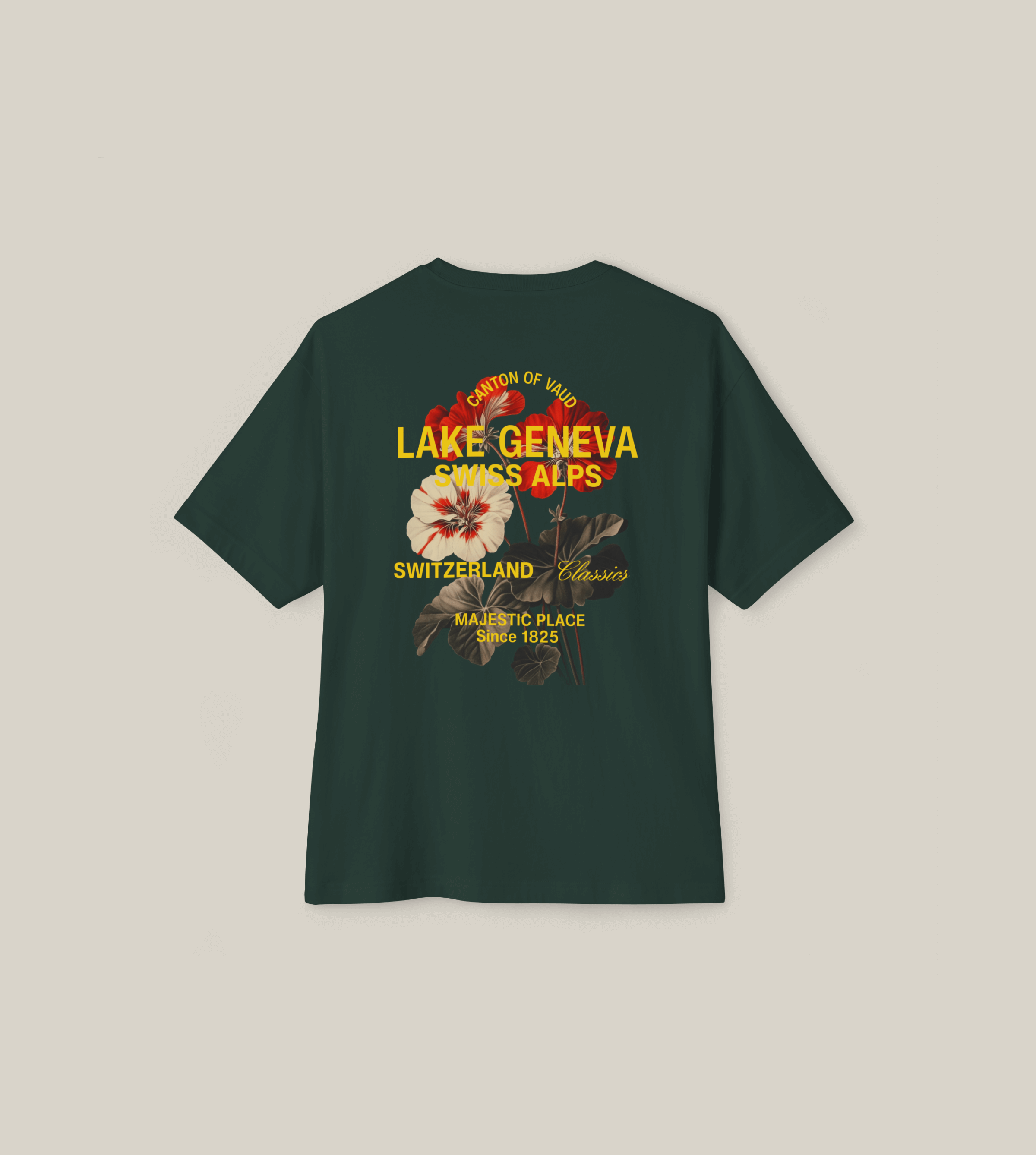 Lake Geneva Floral Oversized Tee featuring a graphic back print and minimal front logo in a stylish green color.