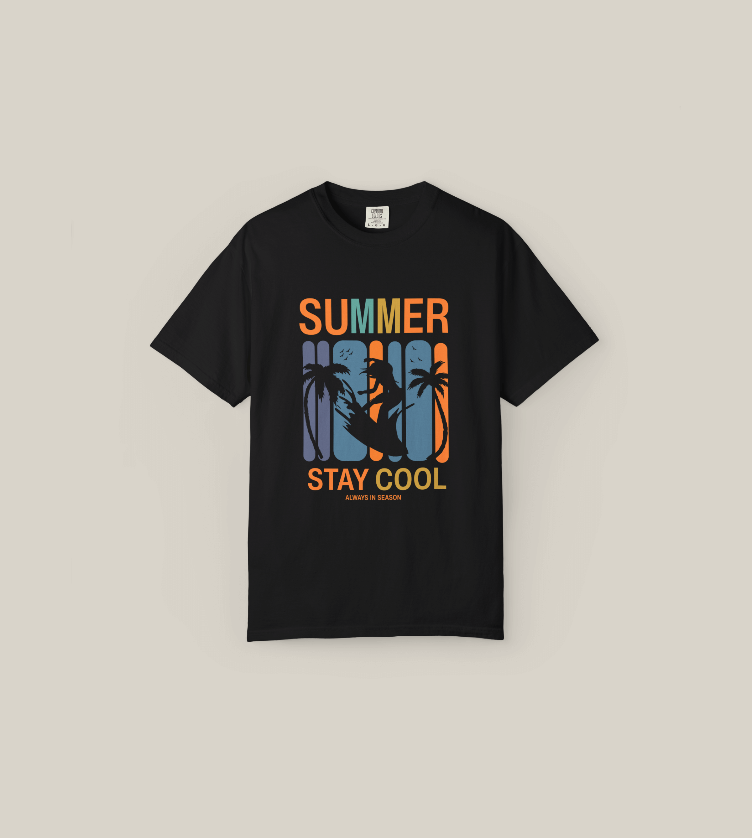 Bold black Summer Stay Cool T-shirt featuring dynamic surfer design and retro color blocks, perfect for endless summer vibes.