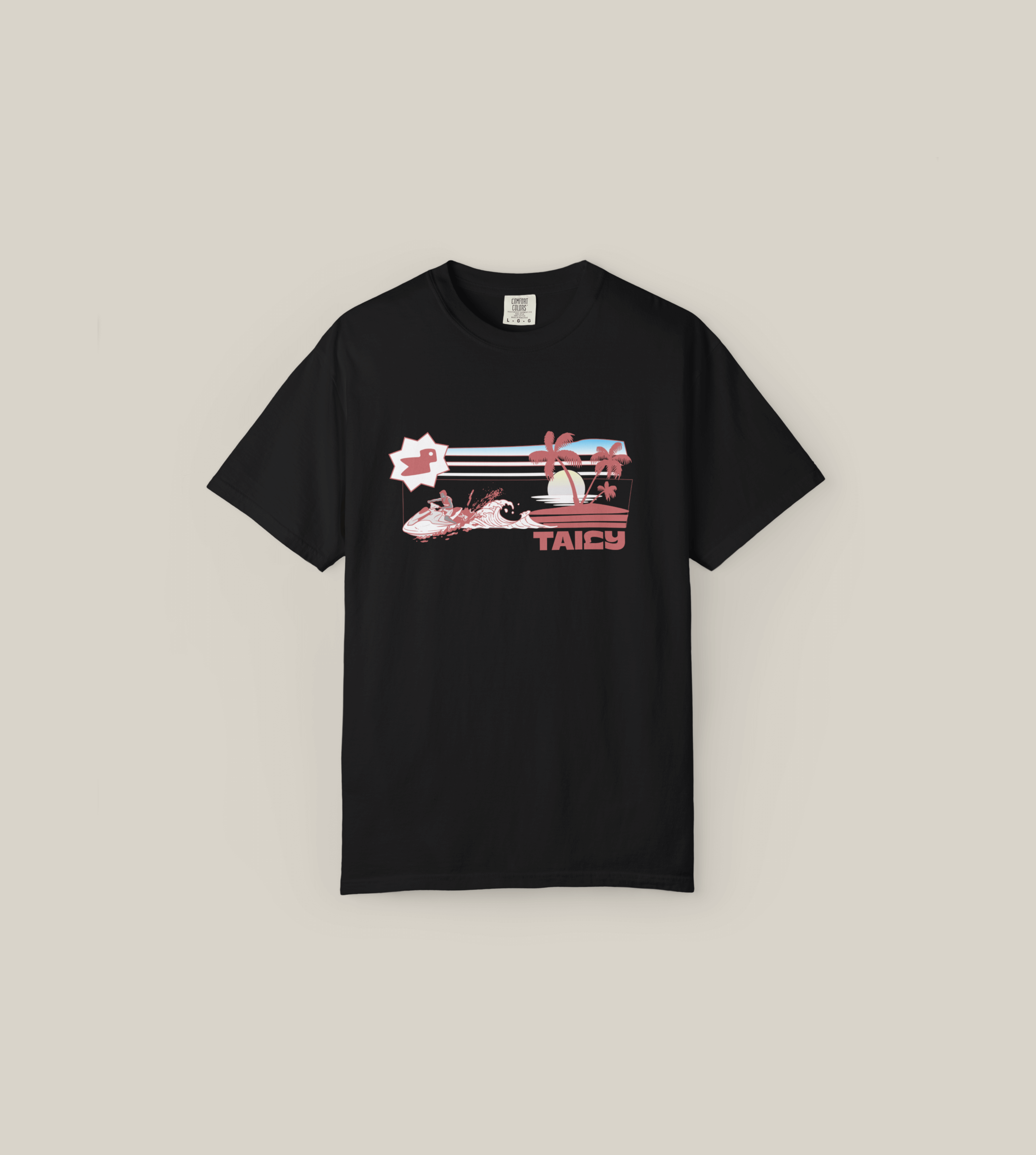 Taily Summer Souvenir Tee featuring a jet ski splash scene and retro palm lines on a black shirt.