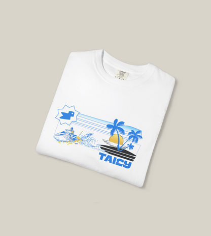 Taily Jet Splash graphic t-shirt in white with jet ski and palm tree design, perfect for summer streetwear style.