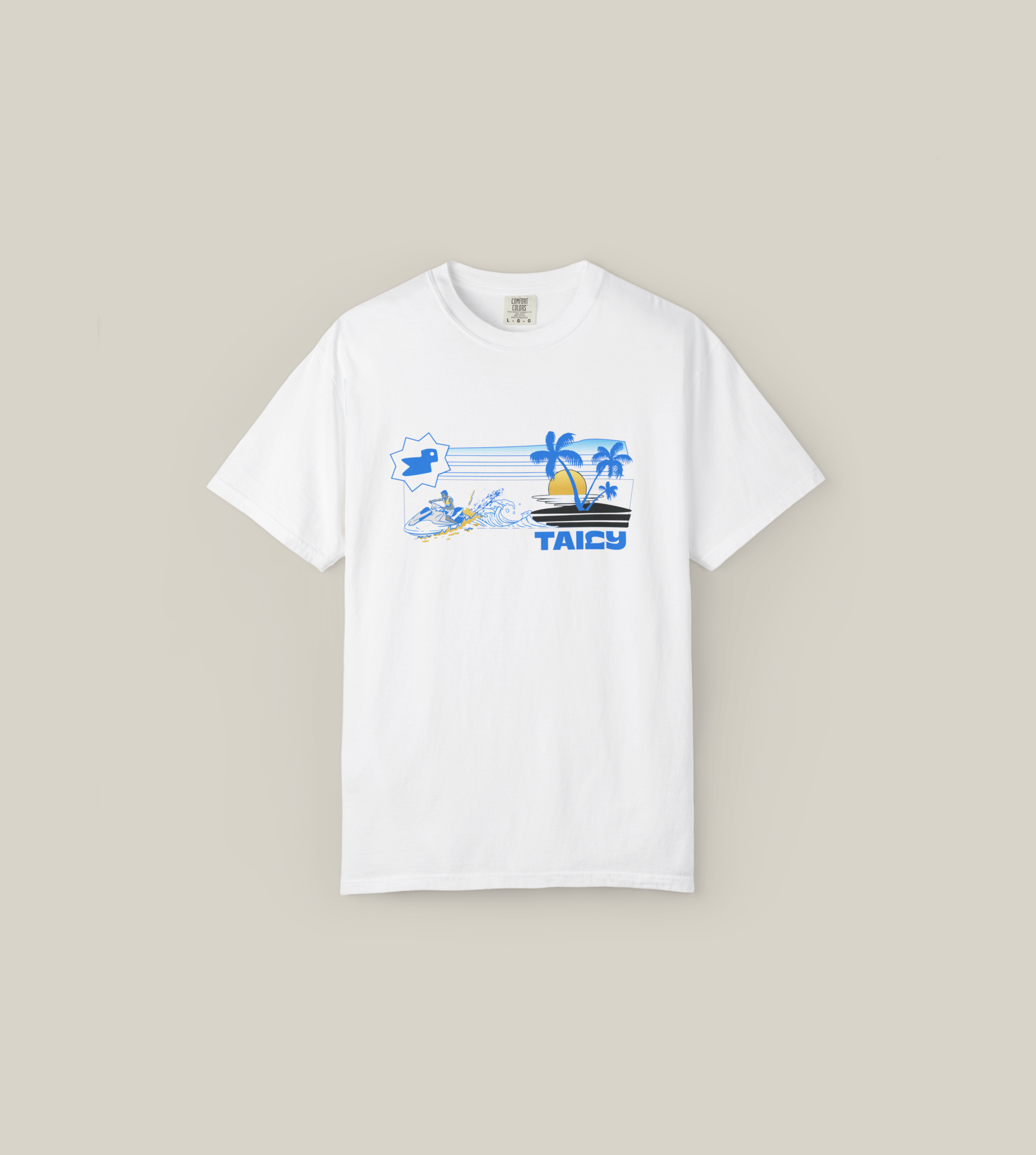 Taily Jet Splash Streetwear Graphic T-Shirt in white featuring a bold jet ski and palm tree design.