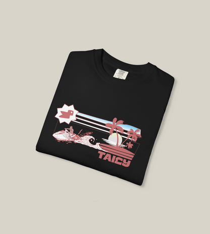 Taily Summer Souvenir Tee featuring jet ski splash, retro palm design, and bold logo on a black shirt.