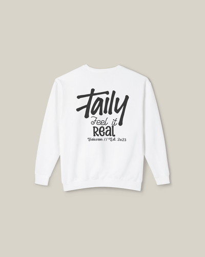 Taily Feel It Real sweatshirt in white with bold lettering and chest logo, perfect for streetwear style.