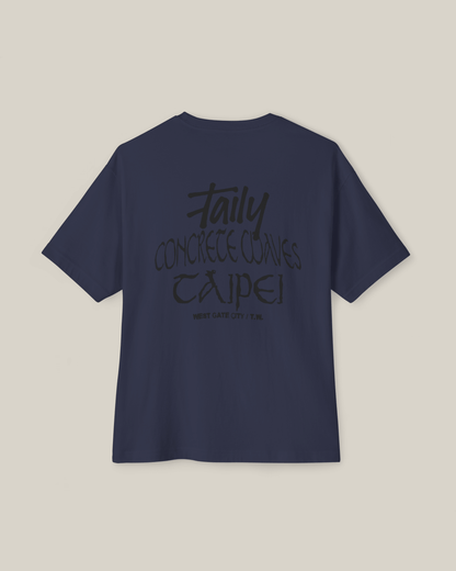 Taily Concrete Waves Taipei Streetwear Boxy T-Shirt in navy, featuring a bold design and relaxed fit.