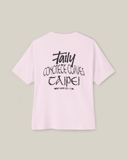 Taily Concrete Waves Taipei Streetwear Boxy T-Shirt in soft pink with back graphic and logo.