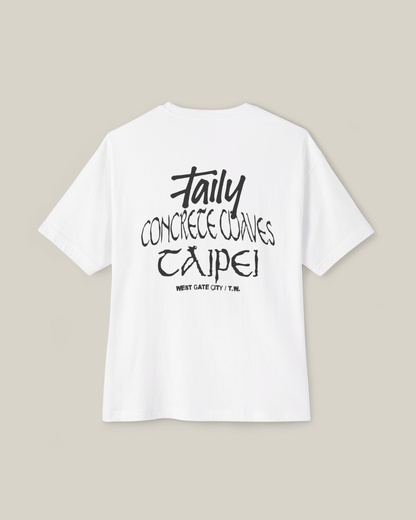 Taily Concrete Waves Taipei Streetwear Boxy T-Shirt in white with back logo and lettering, streetwear boxy t-shirt.