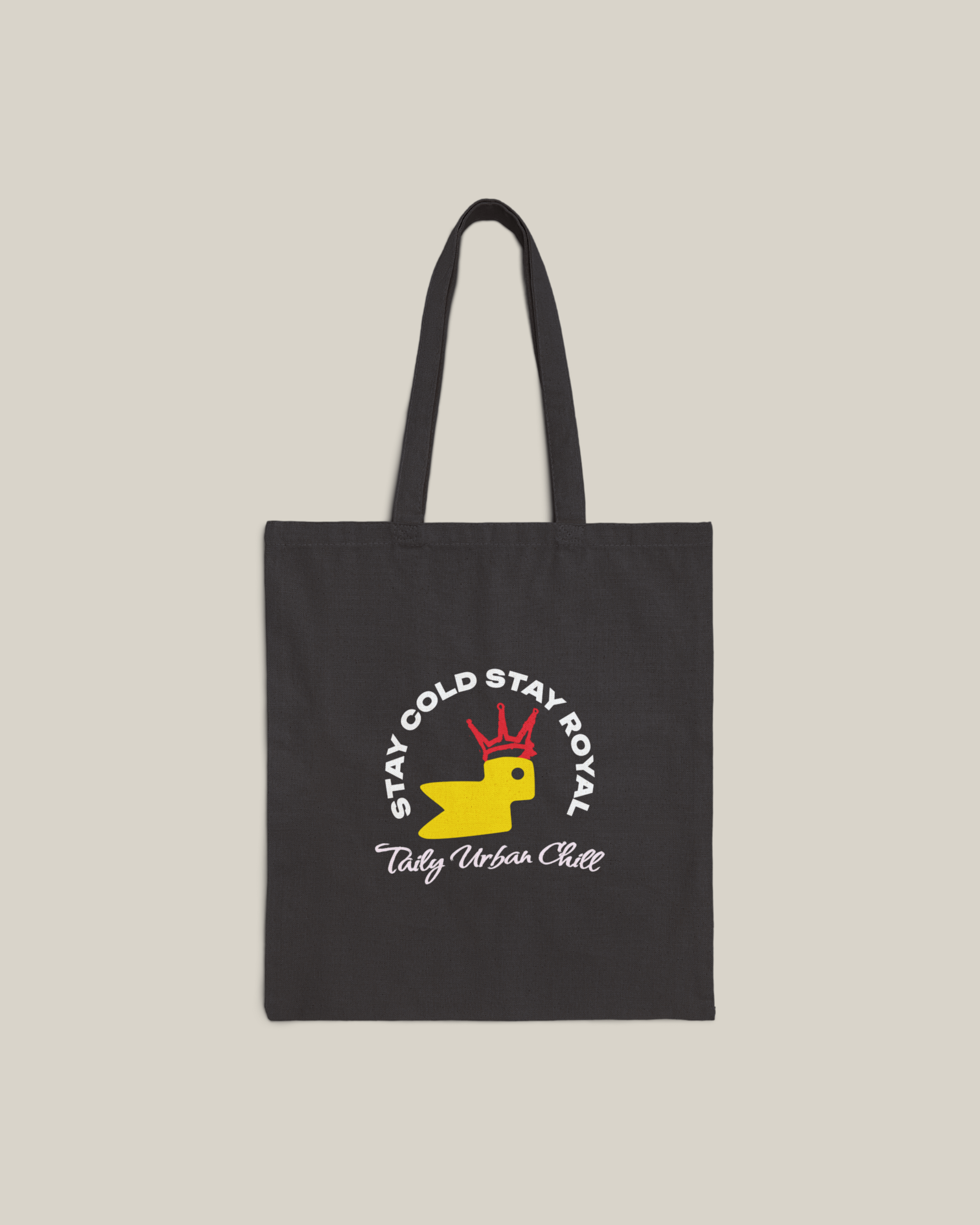 Taily Bird Bold Canvas Tote Bag featuring black and yellow design with logo for stylish everyday use.