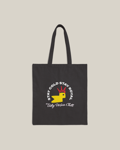 Taily Bird Bold Canvas Tote Bag featuring black and yellow design with logo for stylish everyday use.