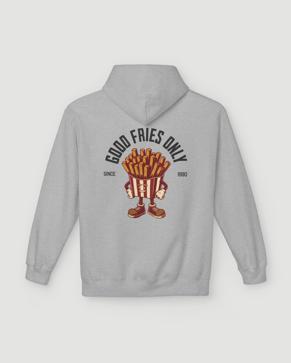 Back view of Good Fries Only Retro French fries hoodie in Sport Grey featuring cartoon fries design.