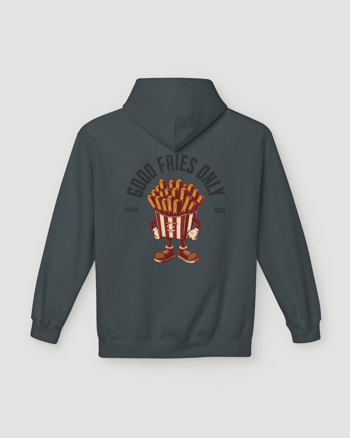 Back view of Good Fries Only Retro French fries hoodie in Dark Heather featuring a graphic of fries.