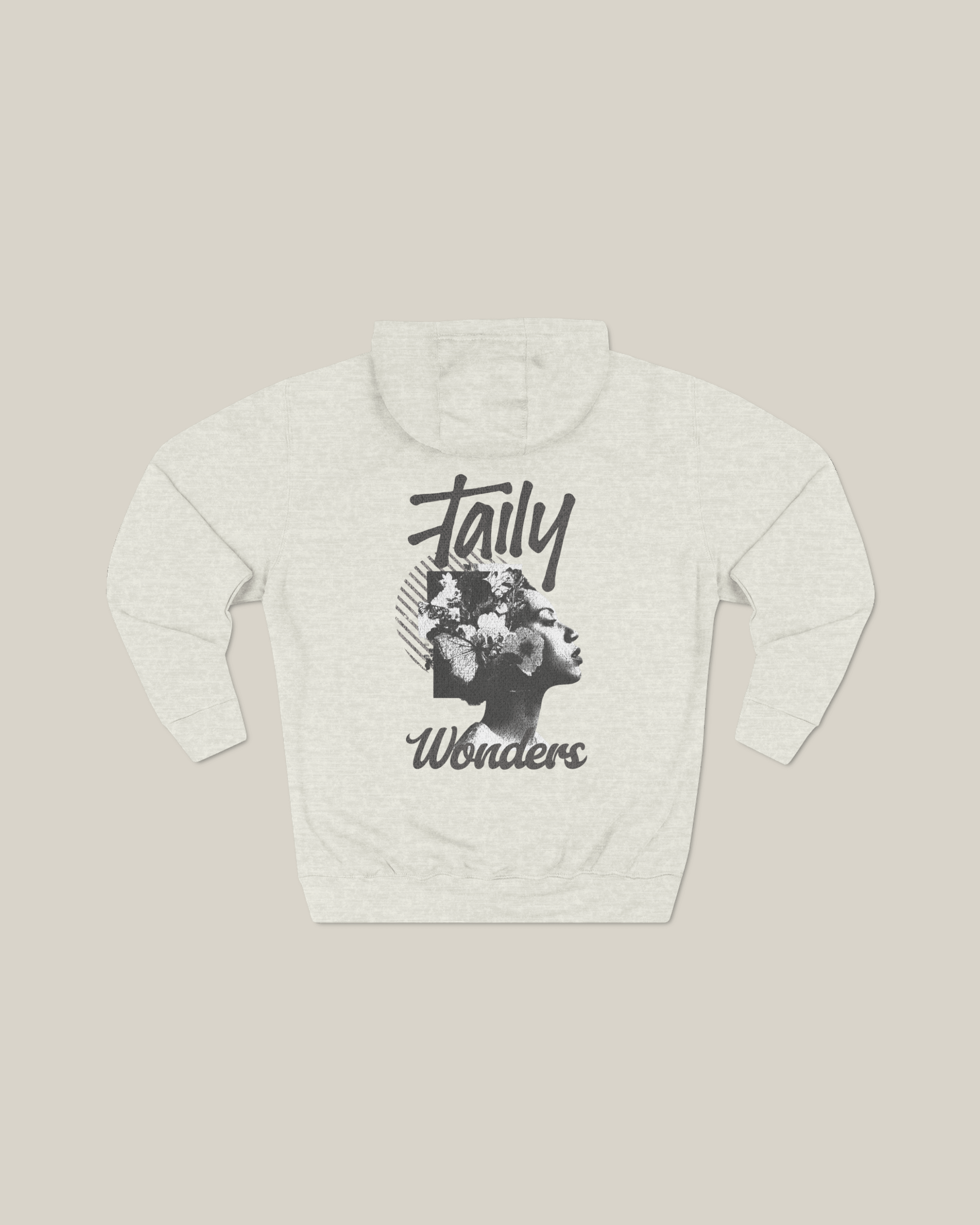 Vintage Taily Wonders hoodie in oatmeal featuring bold graphic art and floral textures on the back, ideal for stylish streetwear.
