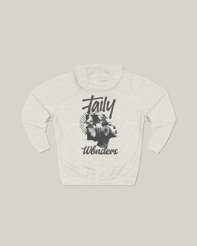 Vintage Taily Wonders hoodie in oatmeal featuring bold graphic art and floral textures on the back, ideal for stylish streetwear.