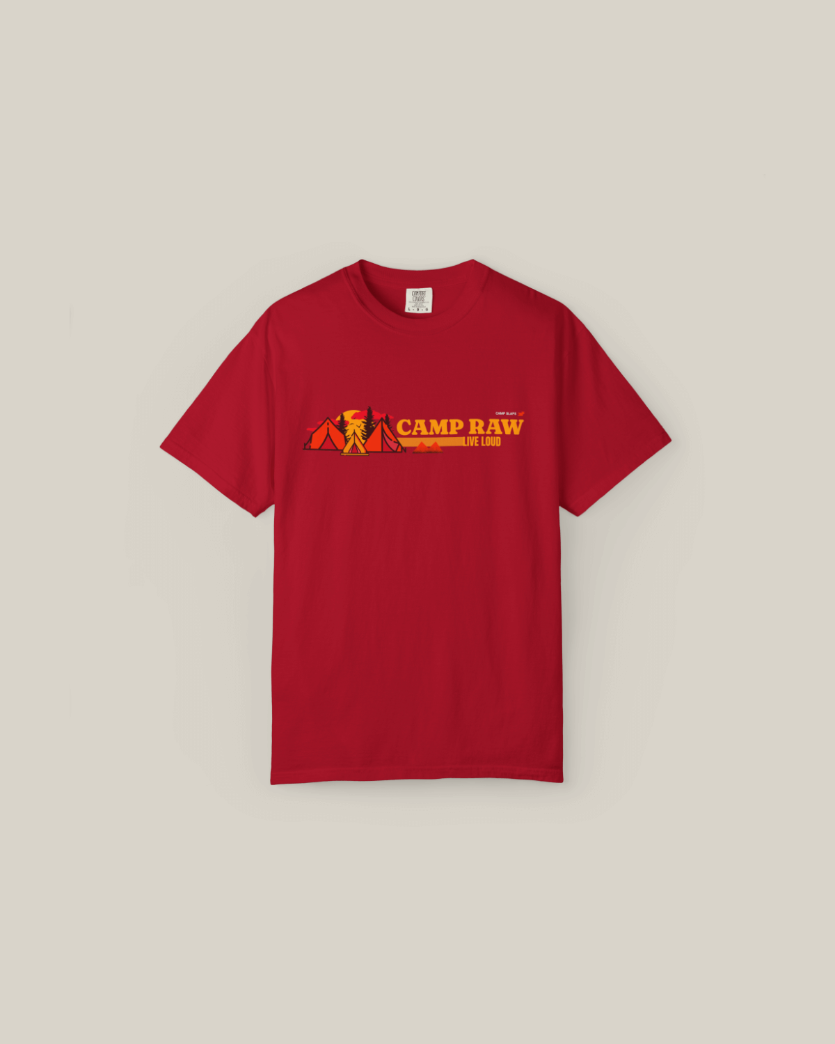 CAMP RAW Tee in red with outdoor-themed graphic, perfect for adventurous spirits who love exploring nature.