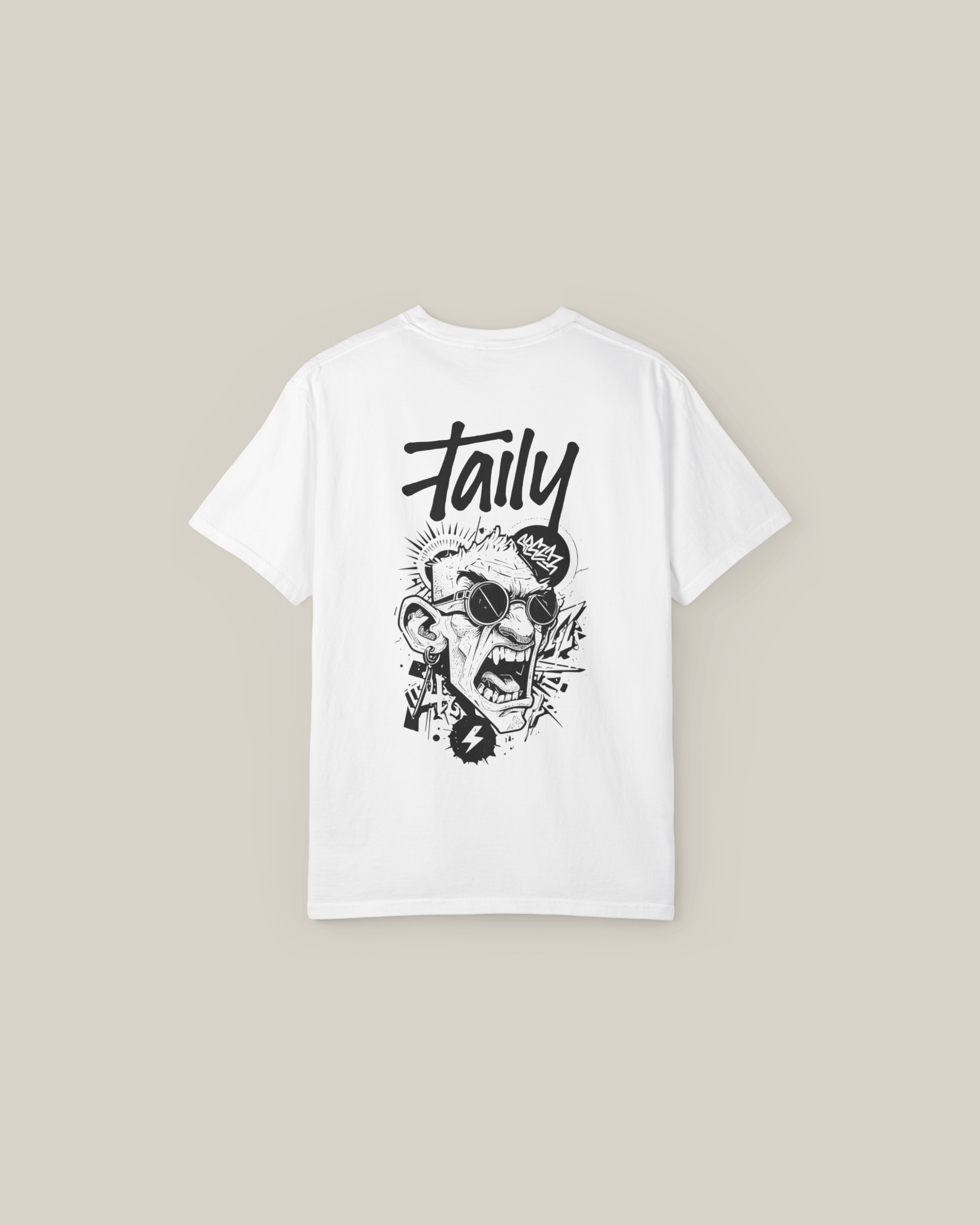 Taily Rage Streetwear Tee in white featuring bold graphic artwork on the back and clean logo, ideal for casual wear.