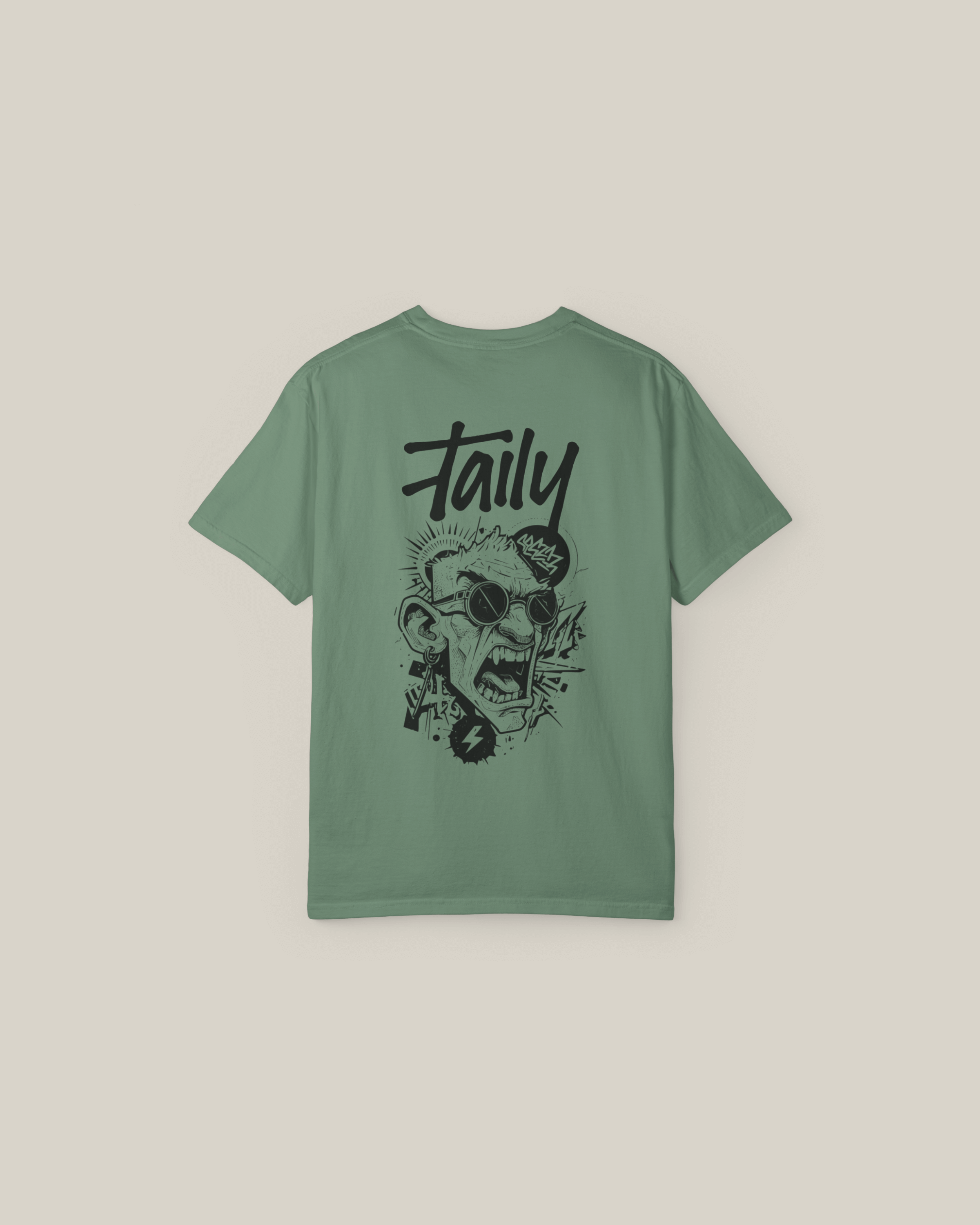 Light green Taily Rage streetwear tee featuring bold graphic artwork on back and clean logo on chest.