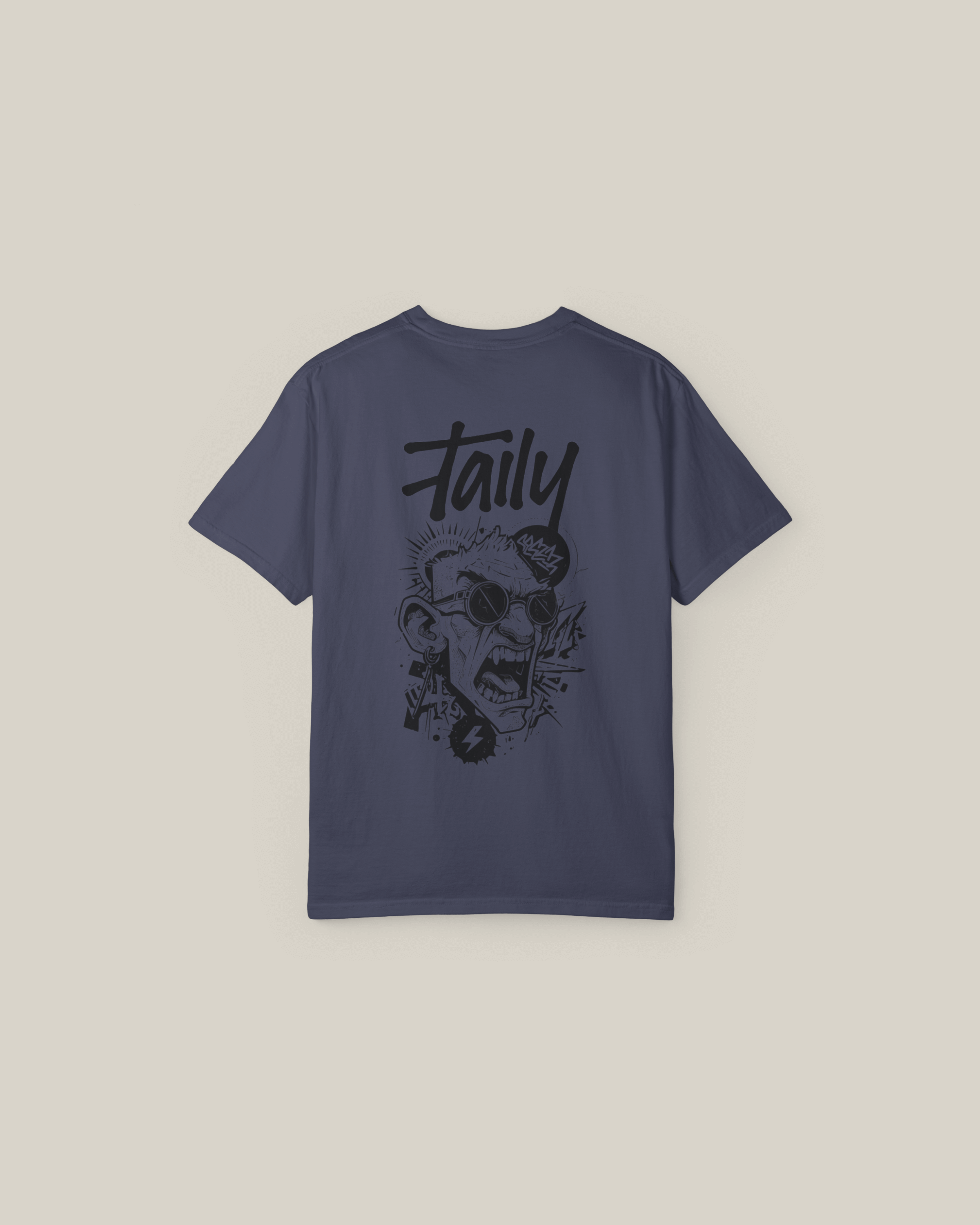 Taily Rage Streetwear Tee in denim color with bold graphic artwork on the back and chest logo.