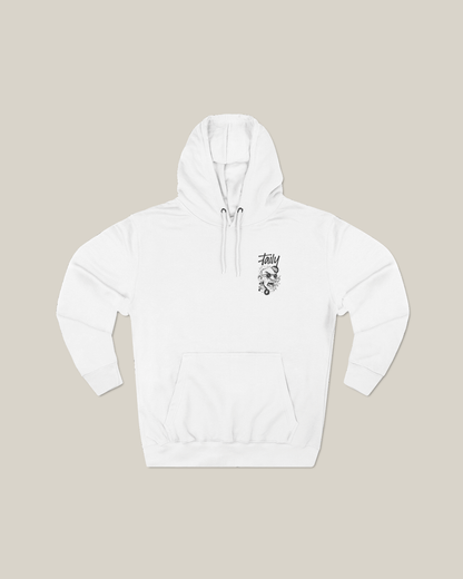 Taily Rage streetwear graphic hoodie in white showcasing front logo design.