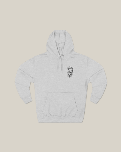 Taily Rage streetwear graphic hoodie in grey with bold back artwork and front logo, perfect for urban style.