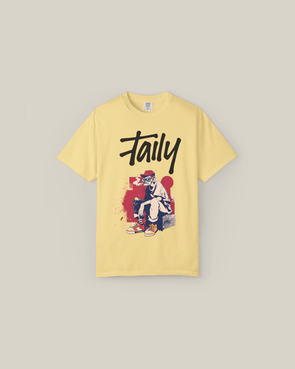Taily Street Rebel graphic tee in butter color featuring bold logo and streetwear design.