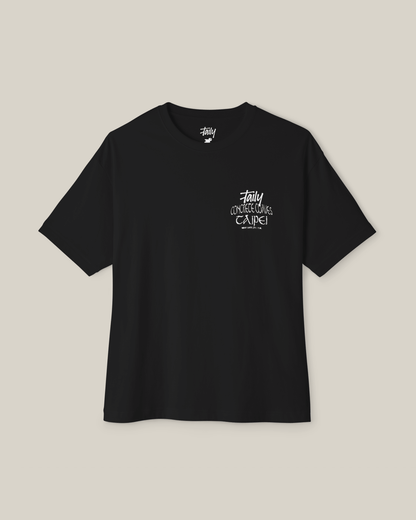 Taily Concrete Waves Taipei Streetwear Boxy T-Shirt in black with logo and TAIPEI lettering on back.