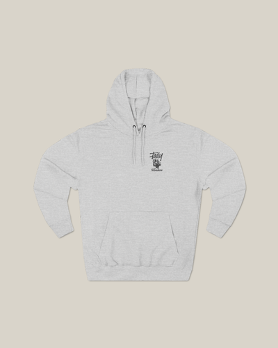 Vintage graphic Taily Wonders hoodie in grey with unique portrait art and floral textures for a bold streetwear look.