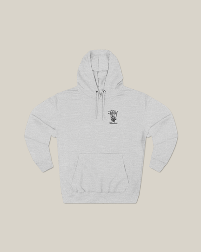 Vintage graphic Taily Wonders hoodie in grey with unique portrait art and floral textures for a bold streetwear look.