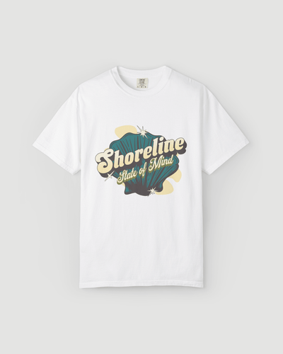 Shoreline State of Mind Tee – White featuring a vintage seashell graphic in deep teal and warm cream.