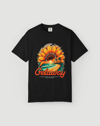 Getaway Sunflower Beach Tee – Black featuring a vibrant sunflower design and coastal scenery.