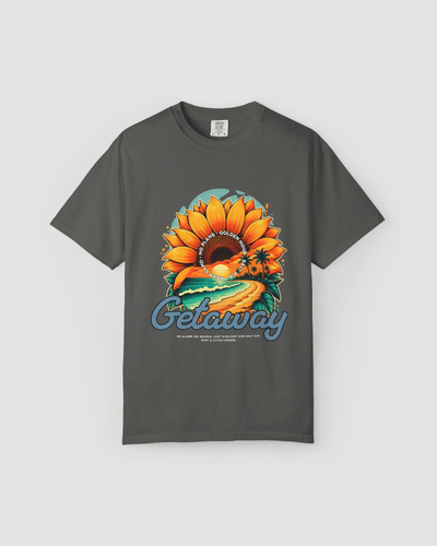 Getaway Sunflower Beach Tee – Pepper featuring a vibrant sunflower and coastal design on a dark tee.