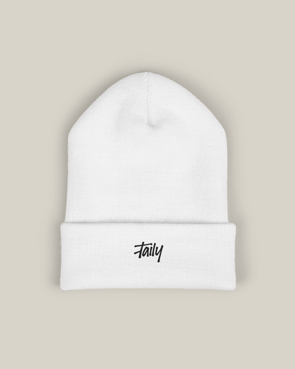 Taily embroidered beanie in classic white, featuring signature Taily embroidery on a cuffed silhouette.