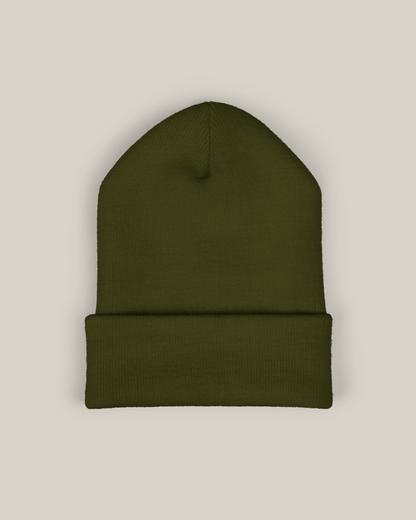Taily embroidered beanie in Deep Olive Script, showcasing a clean streetwear style and earthy tone.