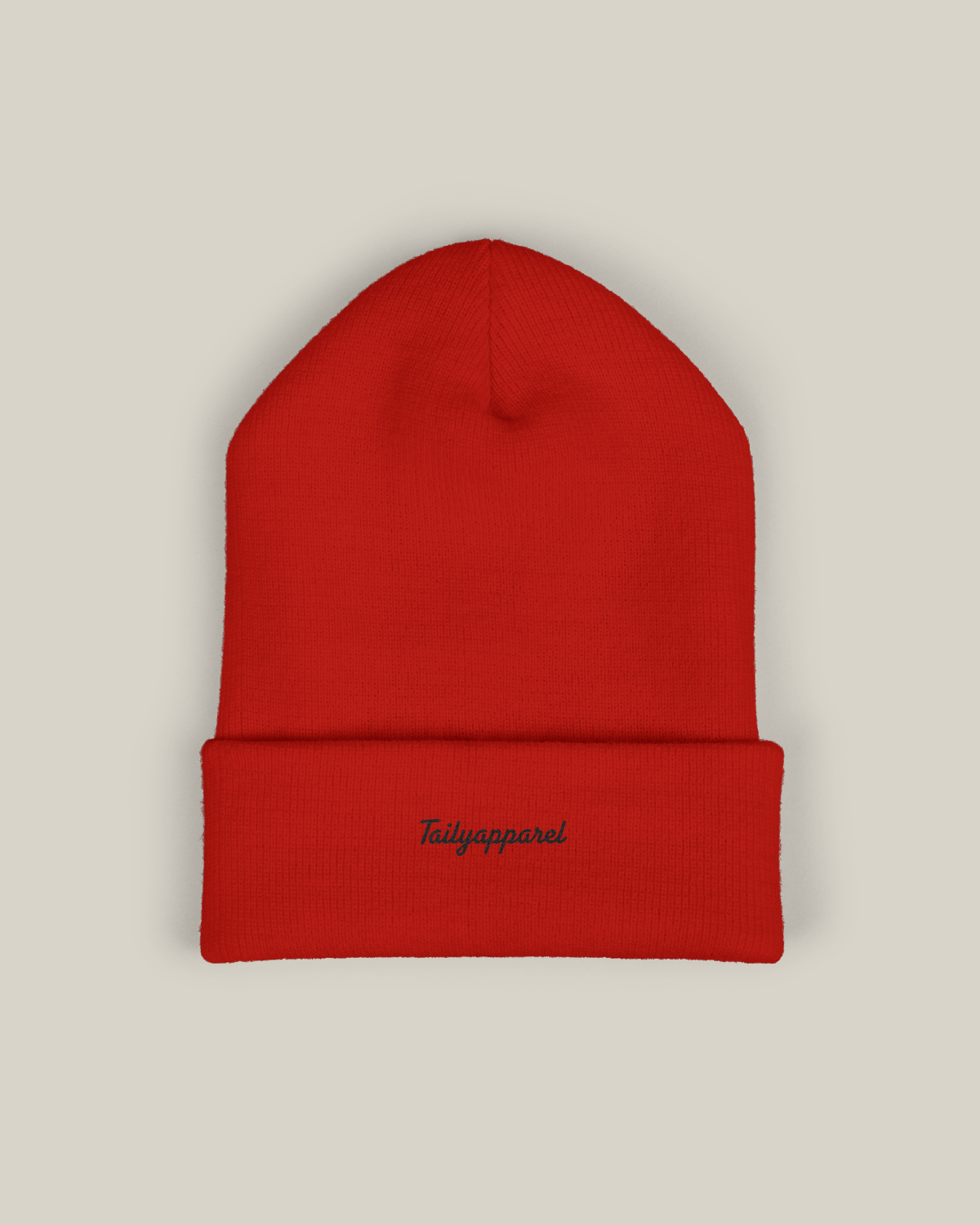 Taily embroidered beanie in pulse red with Tailyapparel script embroidery on the cuff.