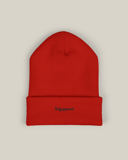 Taily embroidered beanie in pulse red with Tailyapparel script embroidery on the cuff.