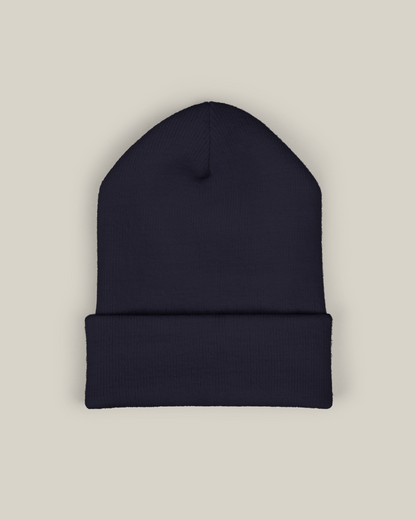 Taily embroidered beanie in Urban Navy Script with a clean streetwear aesthetic.