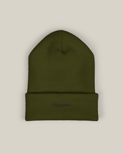 Taily embroidered beanie in deep olive script showcasing the signature Tailyapparel embroidery.