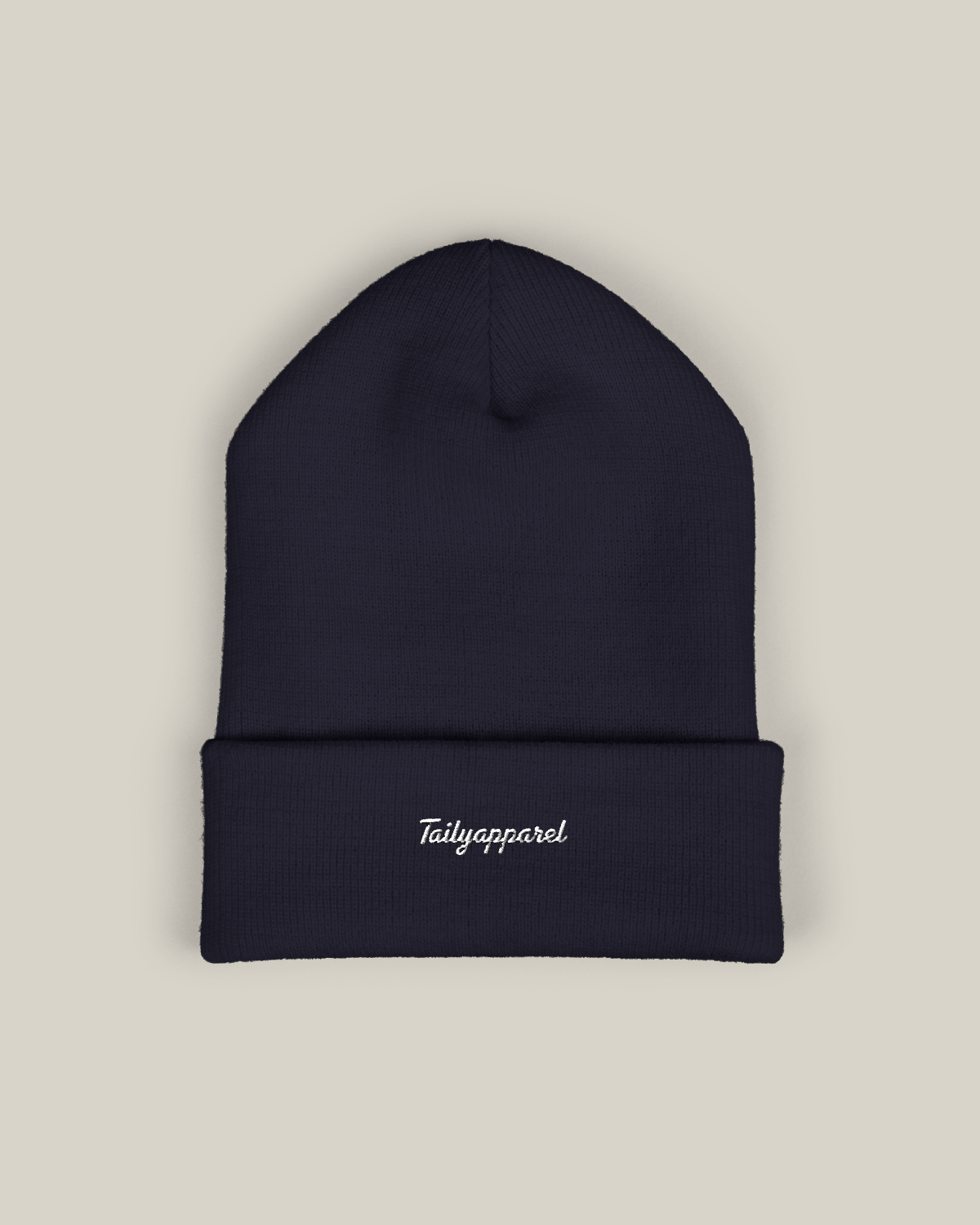 Taily embroidered beanie in Urban Navy Script, featuring elegant Tailyapparel embroidery on a stylish winter accessory.