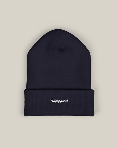 Taily embroidered beanie in Urban Navy Script, featuring elegant Tailyapparel embroidery on a stylish winter accessory.