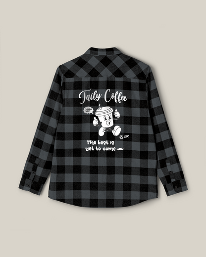 Taily Coffee flannel shirt in charcoal heather with playful coffee graphic on back.